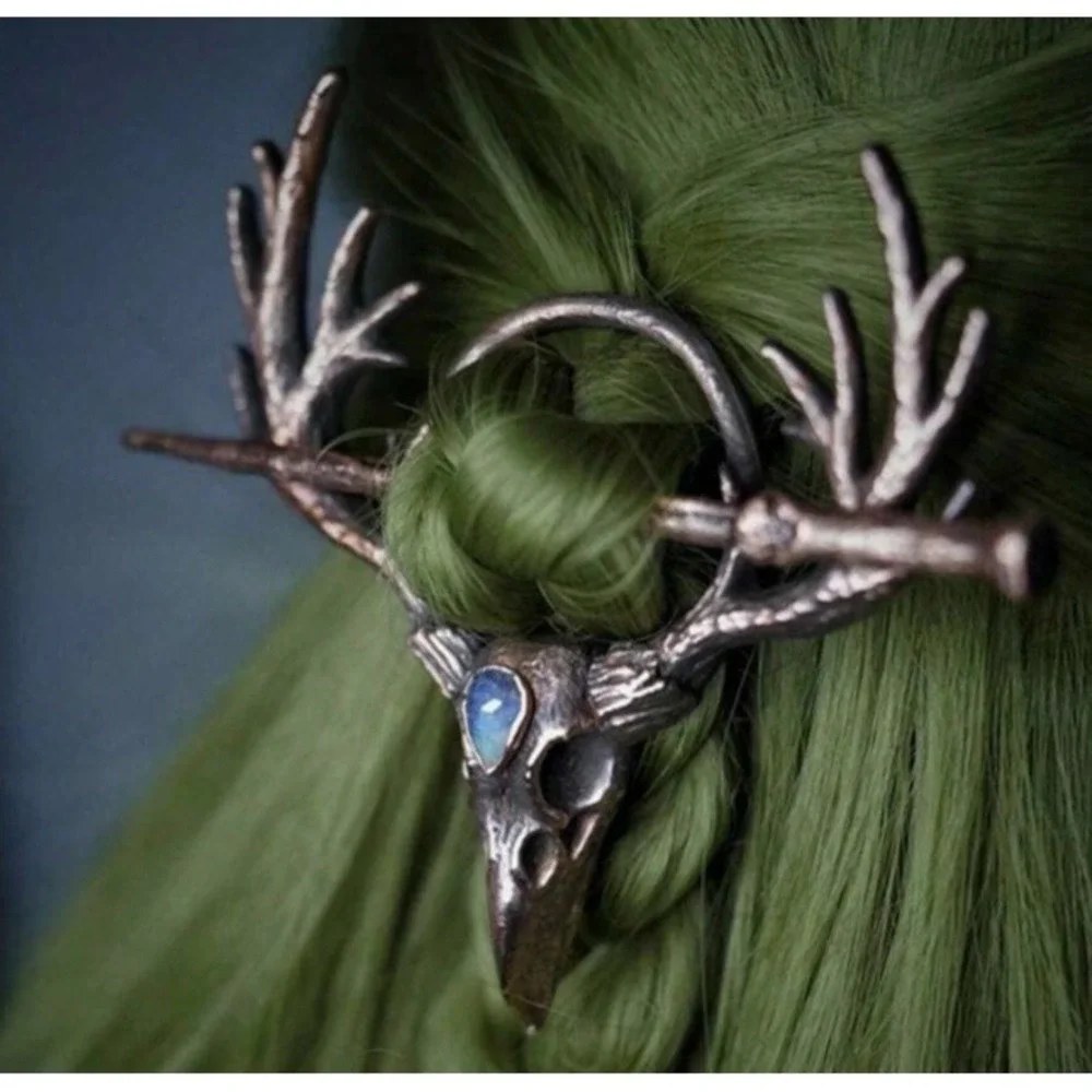 Bronze Raven Skull Antler Hair Slide Barrette Gothic Pagan Moonstone Hair Pin